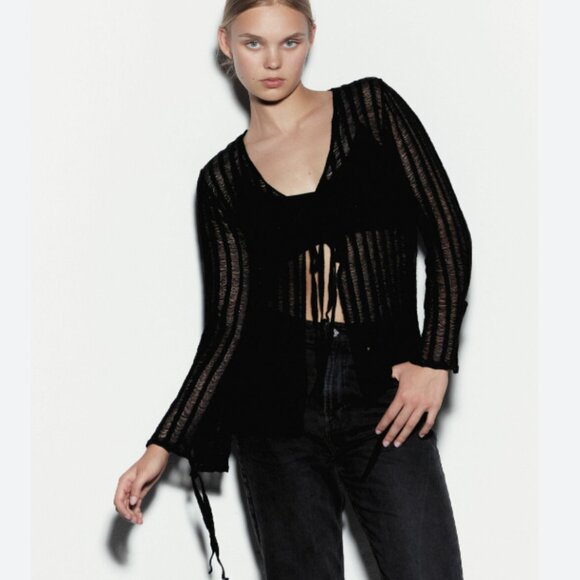 ZARA OPEN KNIT MESH BELL SLEEVE TIE FRONT GRUNGE LS TOP BLACK Small $90 - Picture 1 of 7